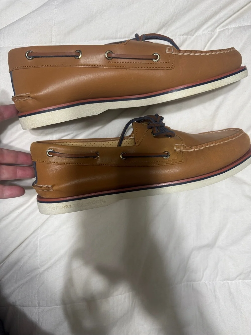 Sperry Gold Cup Brown Leather Boat Shoes with Blue Laces